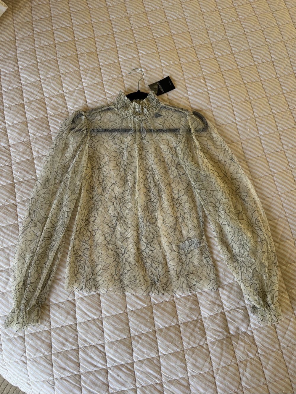 Forever 21 Cream and Black Sheer Floral Lace High Neck Blouse